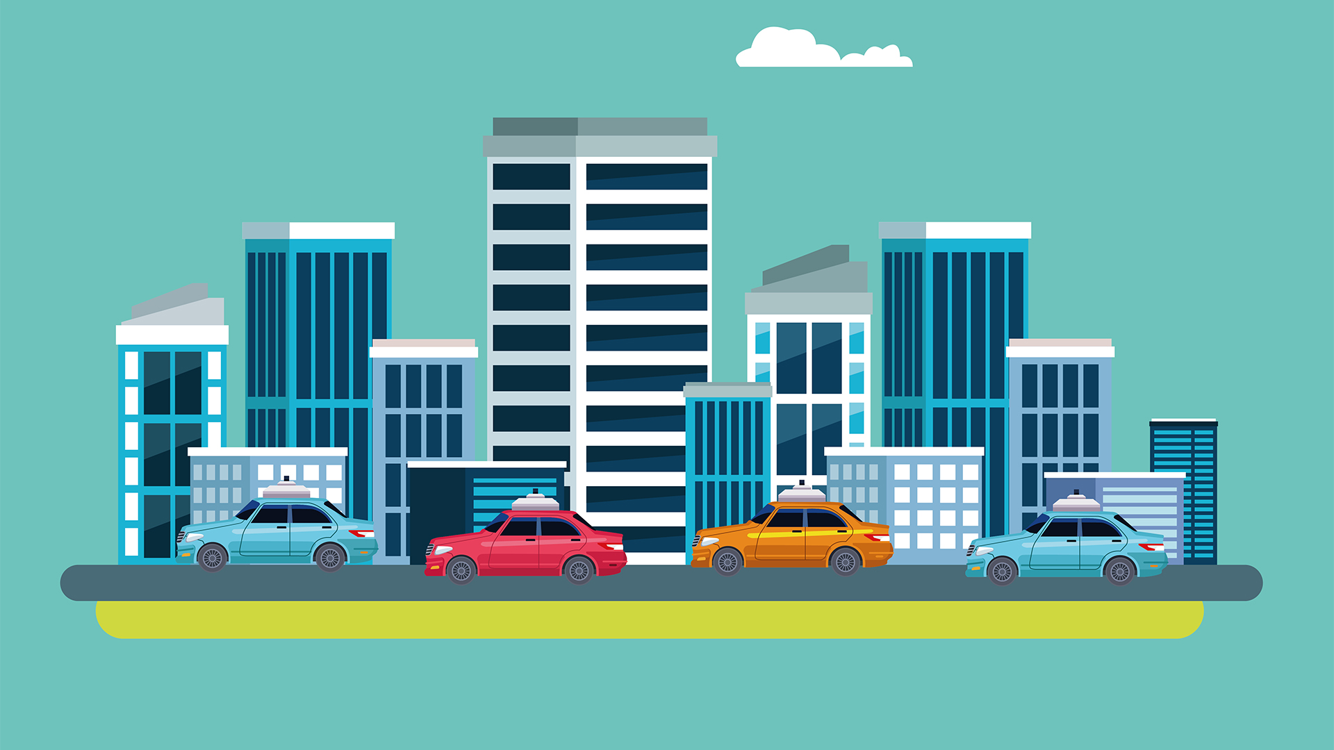 Drawing-style graphic of city street with buildings and parked cars, representing urban parking in NYC