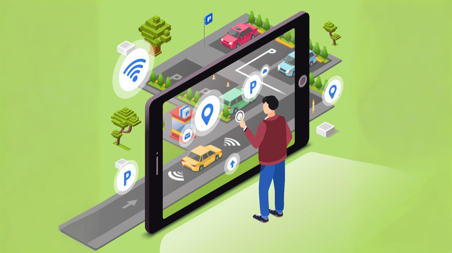 Person using SnagParking app to find city parking via a smart mobile interface, with urban road in the background