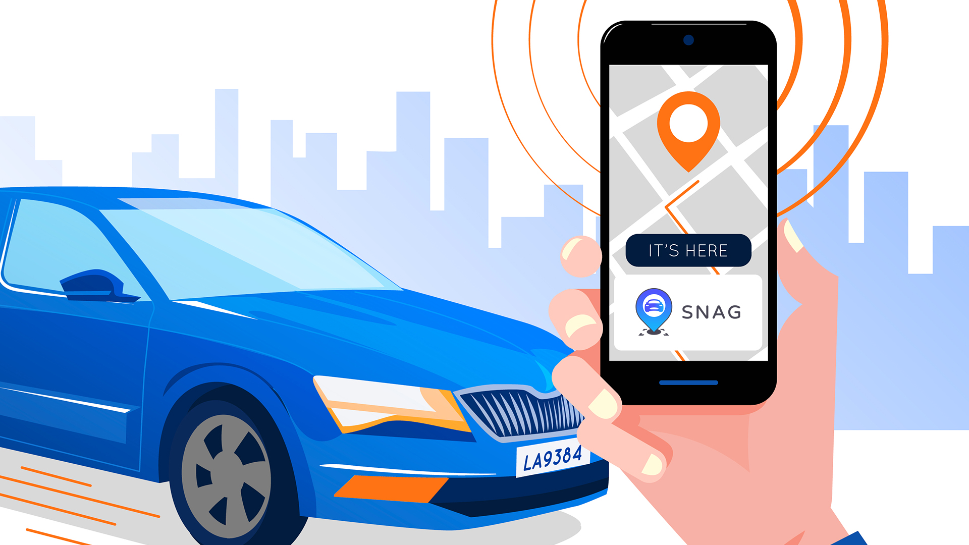 Person using SNAG parking app on smartphone with car in the background — smart street parking solution