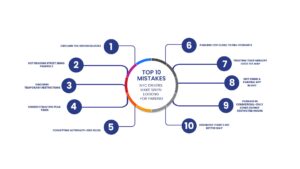 Infographic titled “Top 10 Mistakes NYC Drivers Make When Looking for Parking,” listing common mistakes like circling, ignoring signs, and more.