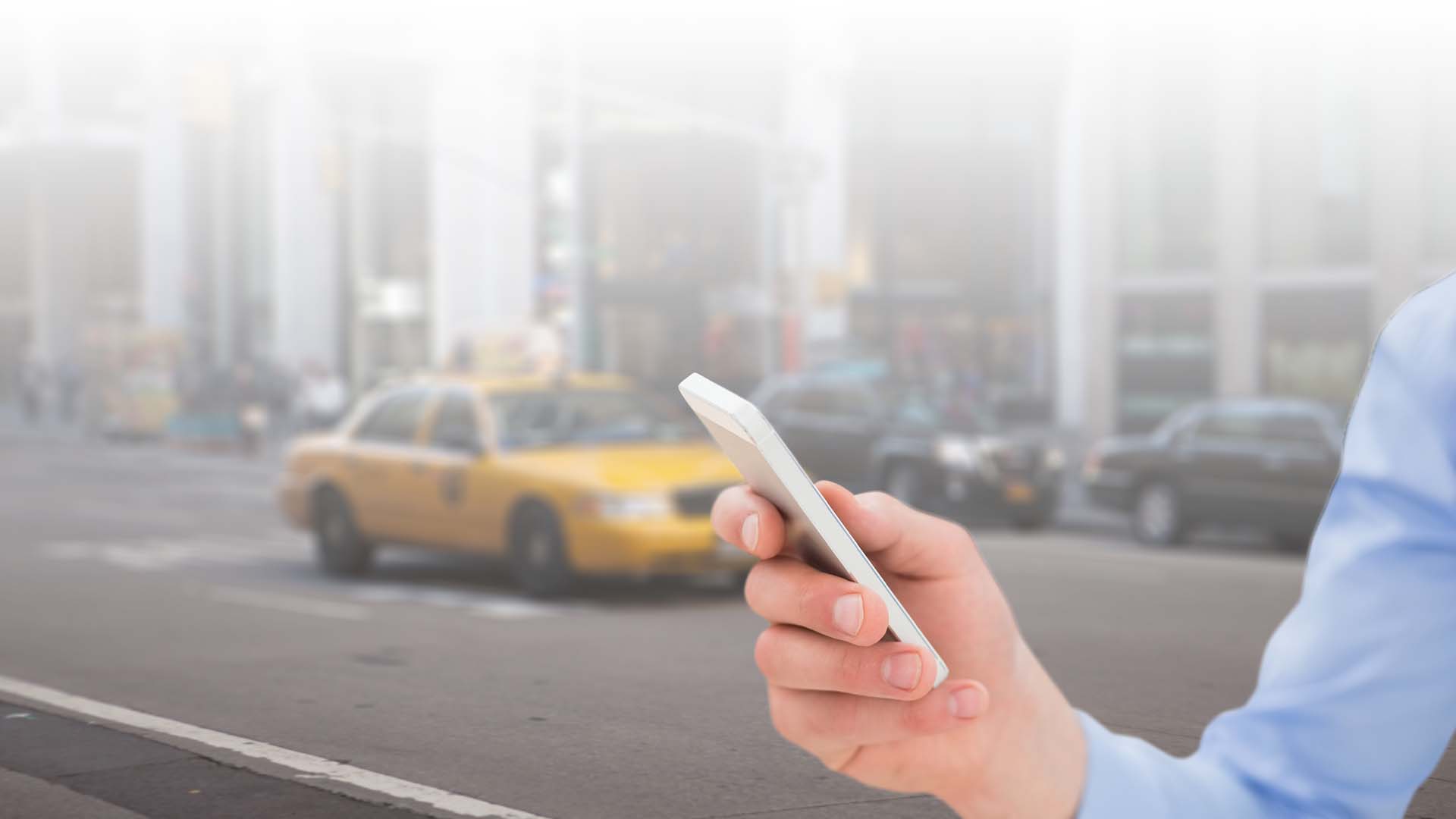 A hand using the SNAG parking app on a smartphone, with NYC streets and parked cars in the faded background.