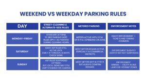 Weekend vs Weekday parking rules chart for NYC drivers showing alternate-side parking and street cleaning schedules