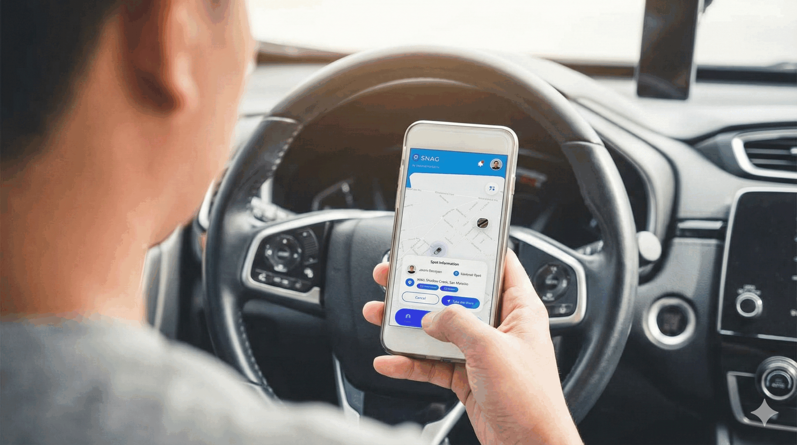 NYC weekend street parking guide banner showing a driver using a street parking app to find parking NYC in real time